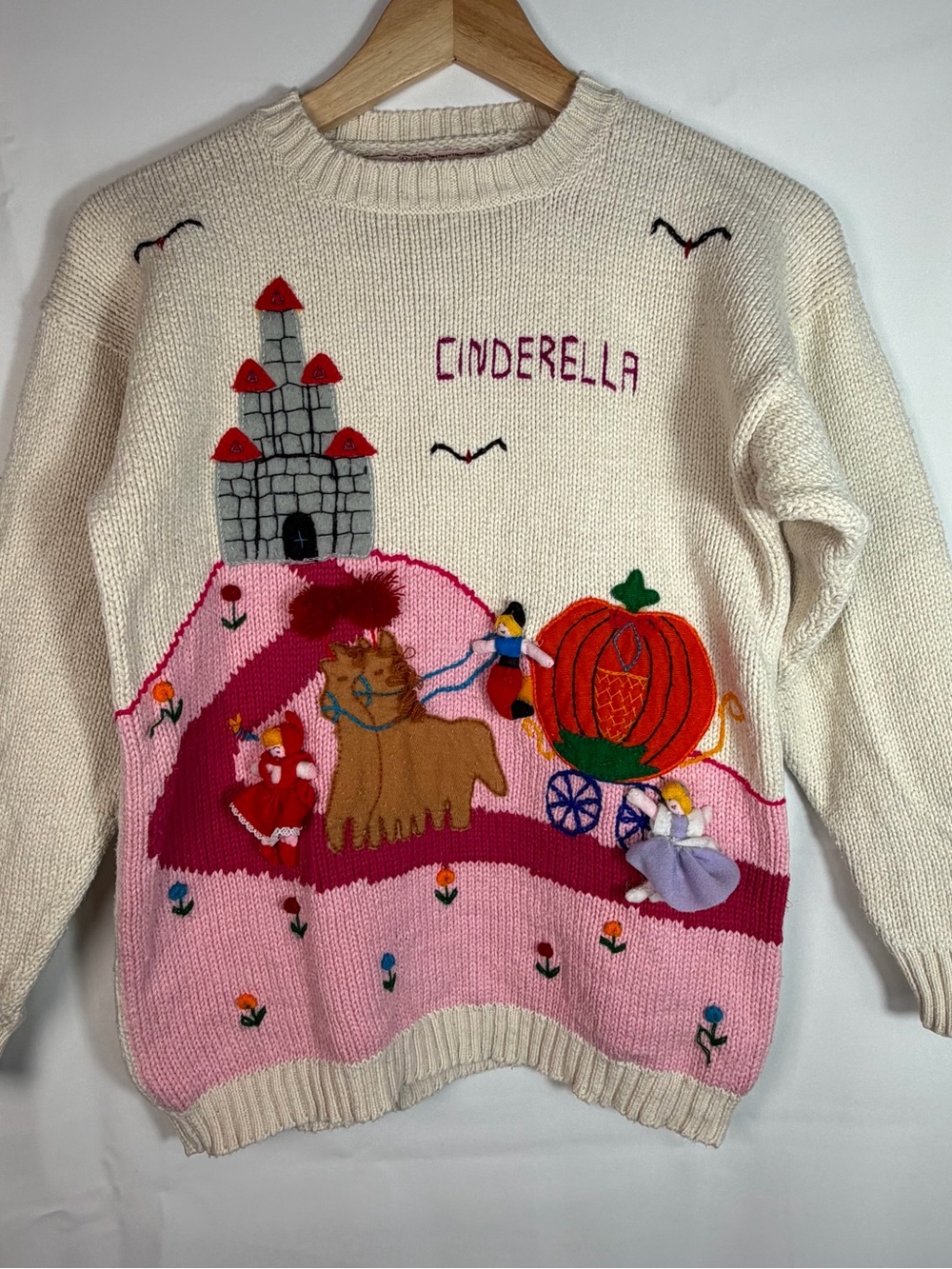 Cottagecore Vtg Aunti M’s Fantasies Girls XL Cinderella Handknit 3D Storybook